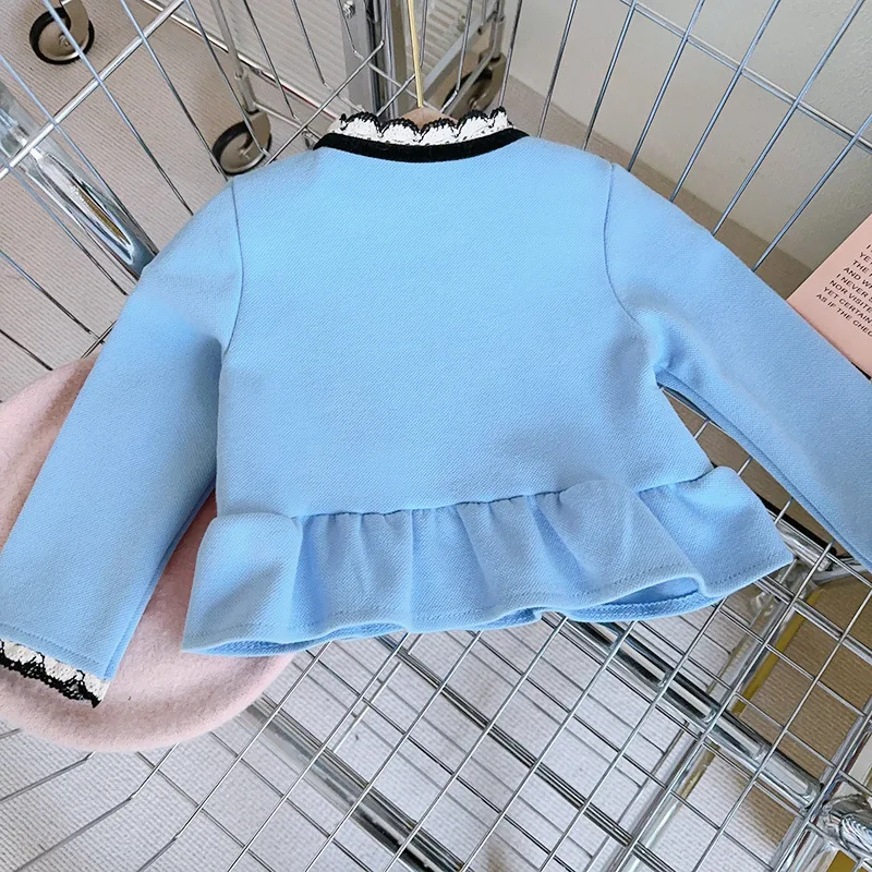 Larua Kors-Conjunto de ropa coreana para niña, suéter azul de manga larga con volantes y botones de vellón, conjuntos bonitos de 2 piezas, ropa de