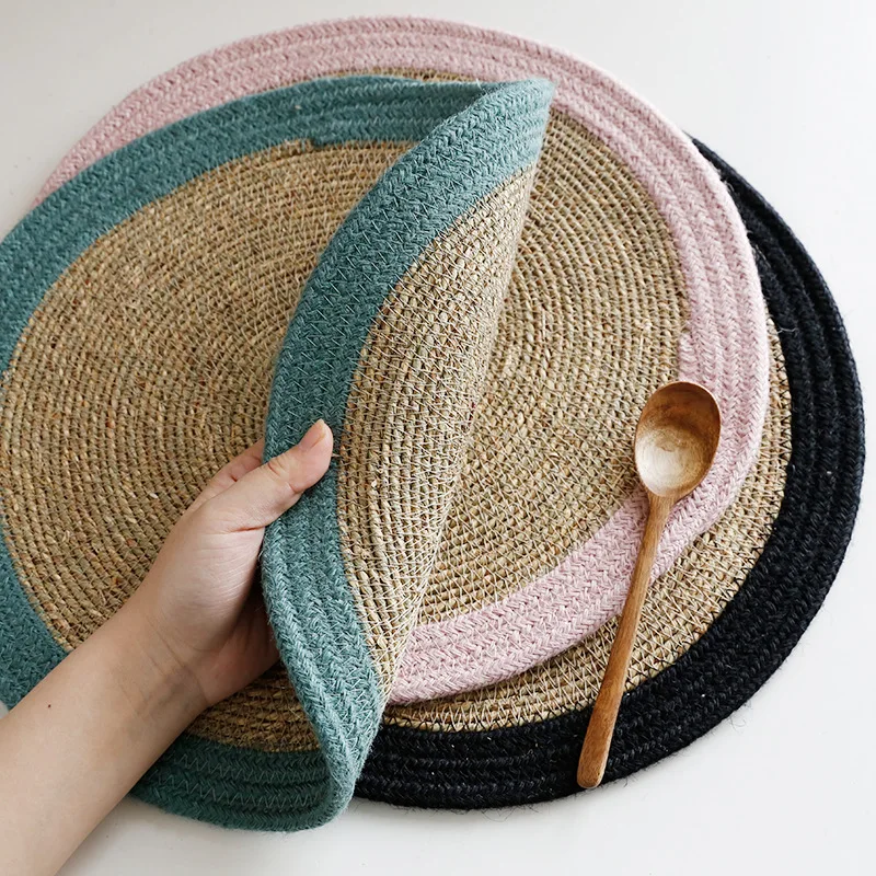 4/6PCS Round Woven Placemats Coaster 36cm Natural Straw Braided Heat Resistant Hand Mat Kitchen Dining Table Home Decor Bohemian