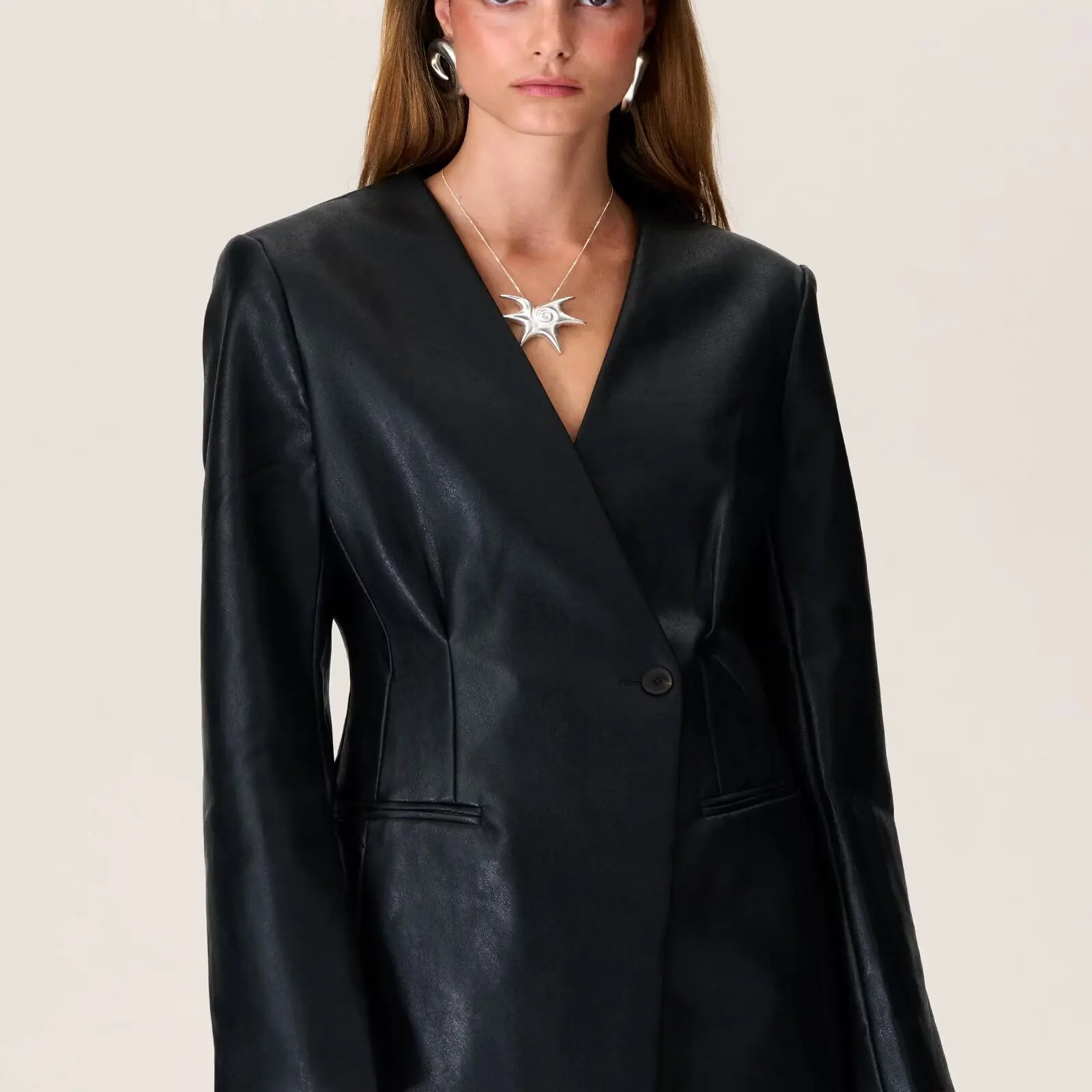 

ZBZR Autumn New Women's Faion Simple V-ne-button Suit Jaet Warm Polyester Fiber Commute Sle Regular Thin