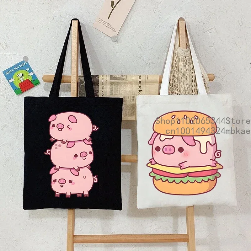 Burger Pig Pattern Cartoon Canvas Tote Bag Donna Uomo Borsa shopper riutilizzabile Cute Hamburger Animal Fashion Borse a tracolla per adolescenti