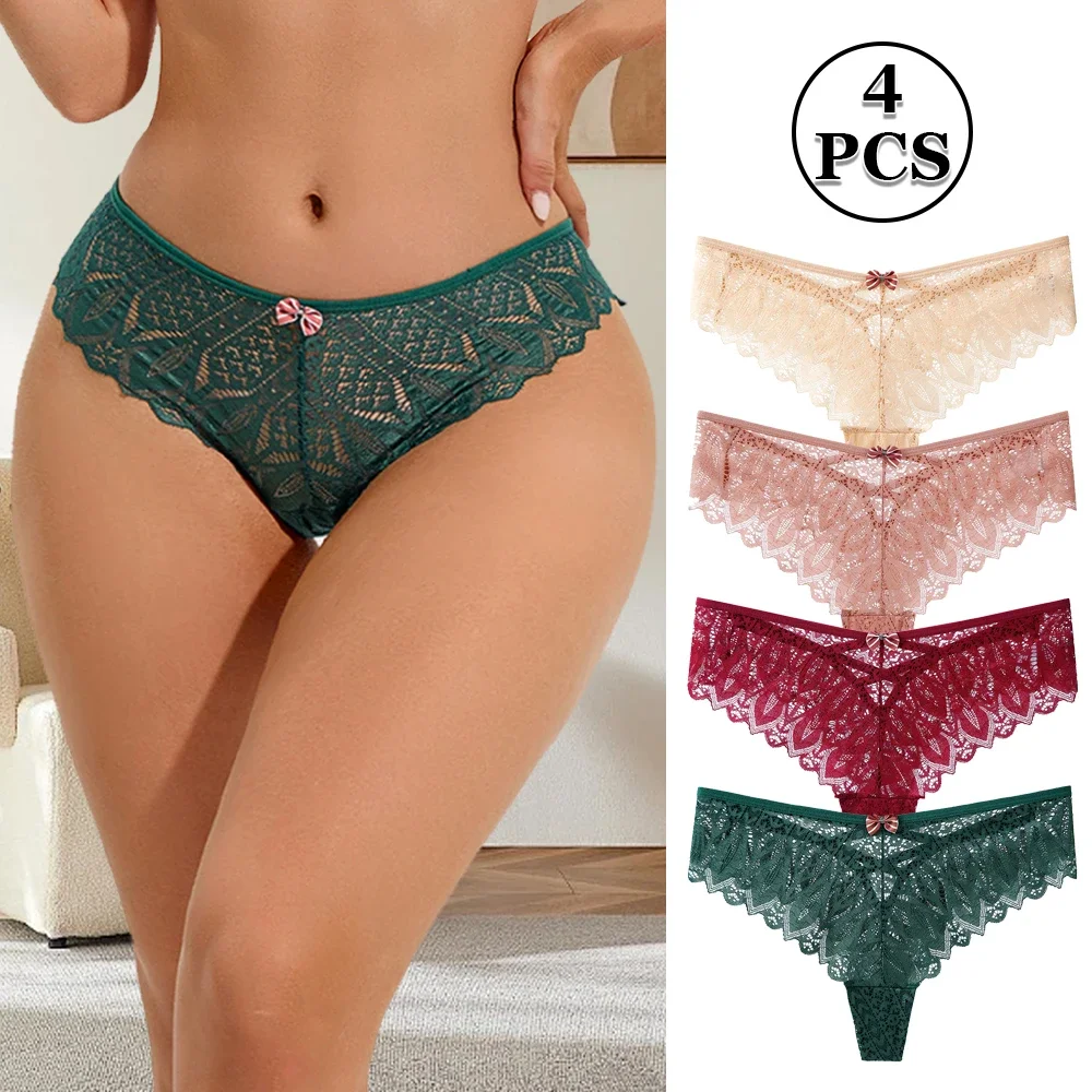

4 pieces women's sexy mid-waist bow cross thong panties lace lace hollow cotton crotch sports breathable panties
