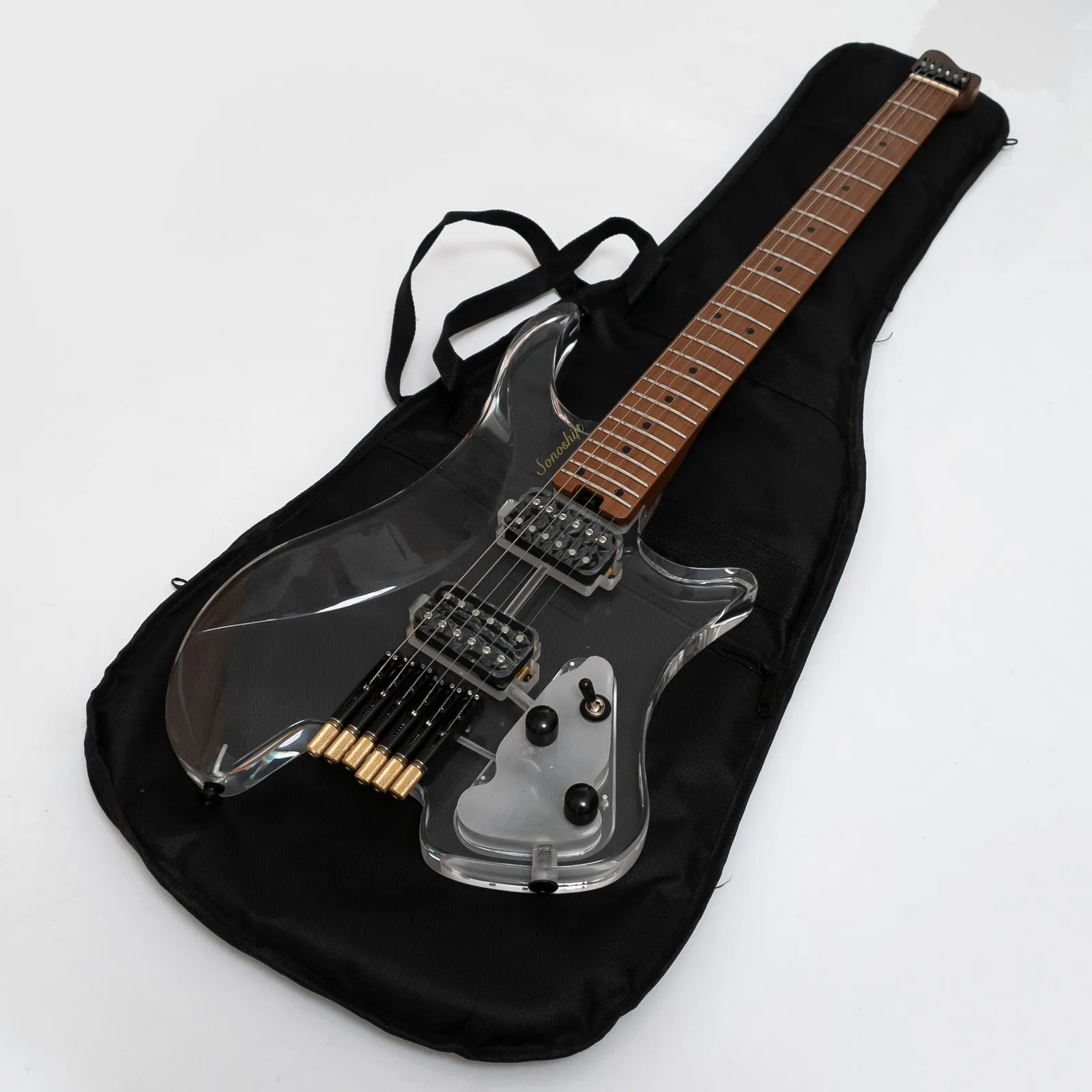 6-String Headless Electric Guitar with Clear Acrylic Body, Maple Neck and Fingerboard, Dual Humbucker Pickup Black Gig Bag