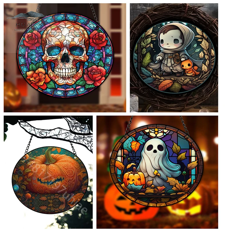 Halloween Horror Skull  Pumpkin Ghost Round Acrylic Painted Indoor Window Decorations Creative Wall Decoration Home Room Decor