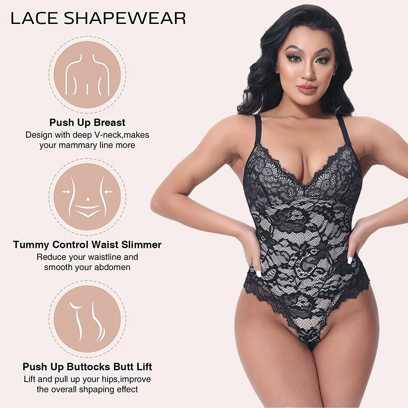 V-Neck Camisole Bodysuit Compression Body Shaper Women Lace Shapewear Slimming Waist Postpartum Corset Thong Underwear Plus Size