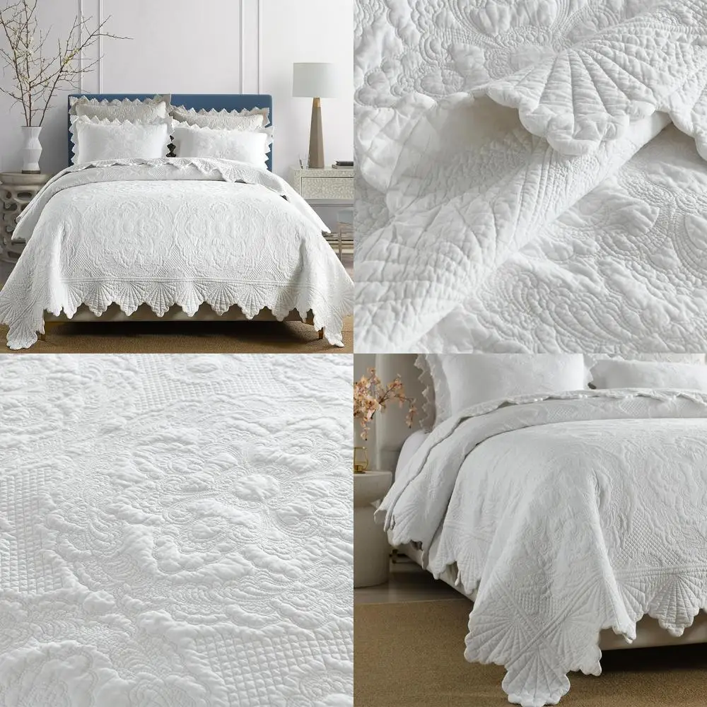 

Reversible Cotton Quilt Set: Lightweight 3-Piece Floral Embossed Bedspread in Solid White for Year-Round Use