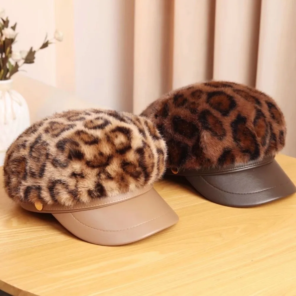 Retro Leather Patchwork Leopard Print Beret Winter Warm Octagonal Cap Hard Brim Newsboy Cap For Women