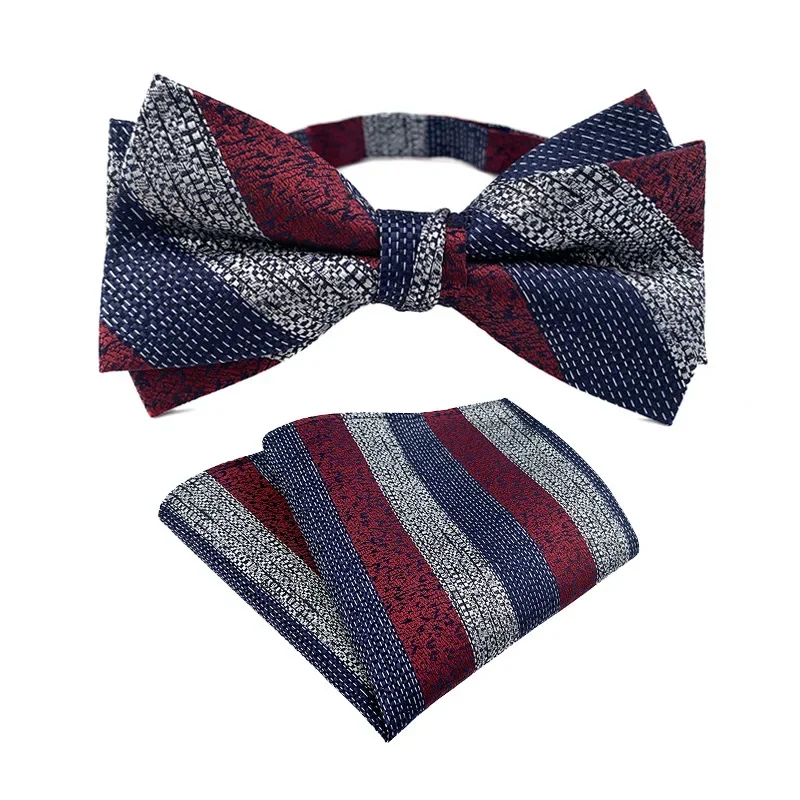 Exquisite British Style Hanky Bow Ties Sets Coffee Gray Striped Pocket Square Bowties for Groom Wedding Dress Decoration