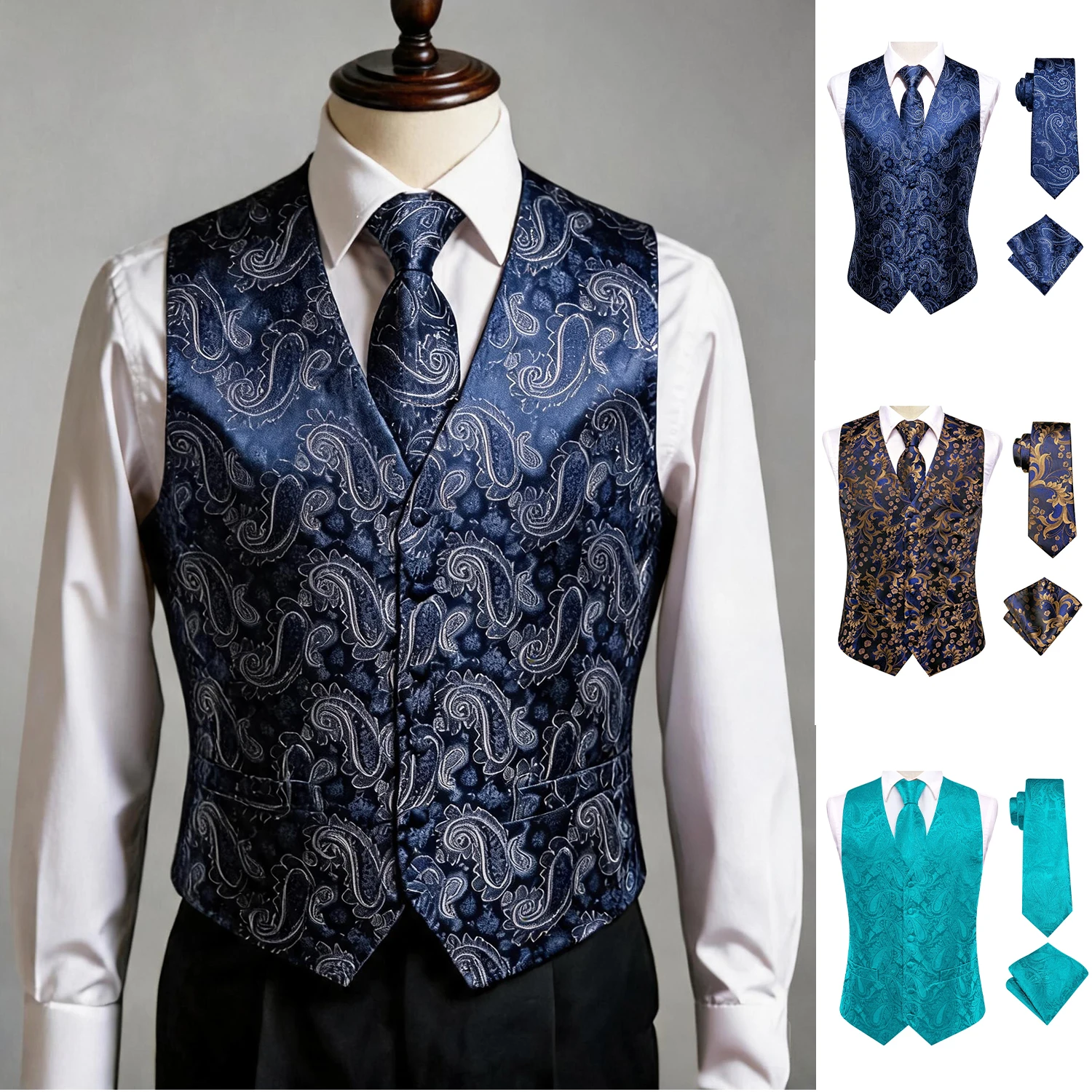 

Blue Men Vest Three-Piece Suit Set, Dress Waistcoat with Tie and Pocket Square for Party Ceremony