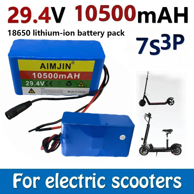 24V 7S3P 18650 Lithium Ion Battery Pack 10.5Ah 29.4V Built-in 20A BMS Replacement for Ebike Lawn Mower