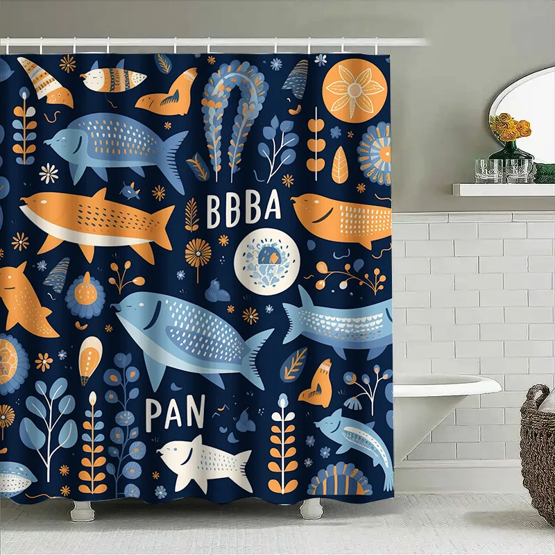 

Причудливый подводный мир, занавеска для душа, рыба, синяя, оранжевая, декоративная водонепроницаемая ткань, украшение для ванной комнаты, 72 x 84 дюйма
