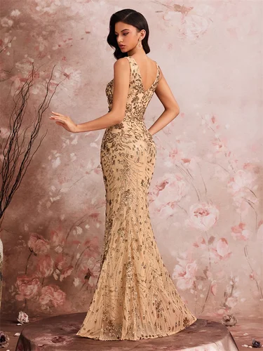 Imagen 2 del producto Lucyinlove elegante vestido de noche con abertura 2025 mujeres largo sirena Formal lentejuelas Sexy cuello en V Cola de cola de caballo vestidos de fiesta de boda