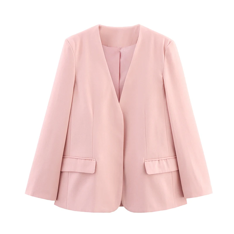 Autumn 2025 Women Long Sleeve V Neck Loose Elegant Pink Blazer