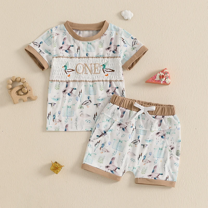 Toddler Boys Birthday Outfits Letter Duck Embroidered Round Neck Short Sleeve T-Shirts Elastic Waist Shorts 2Pcs Clothes Set