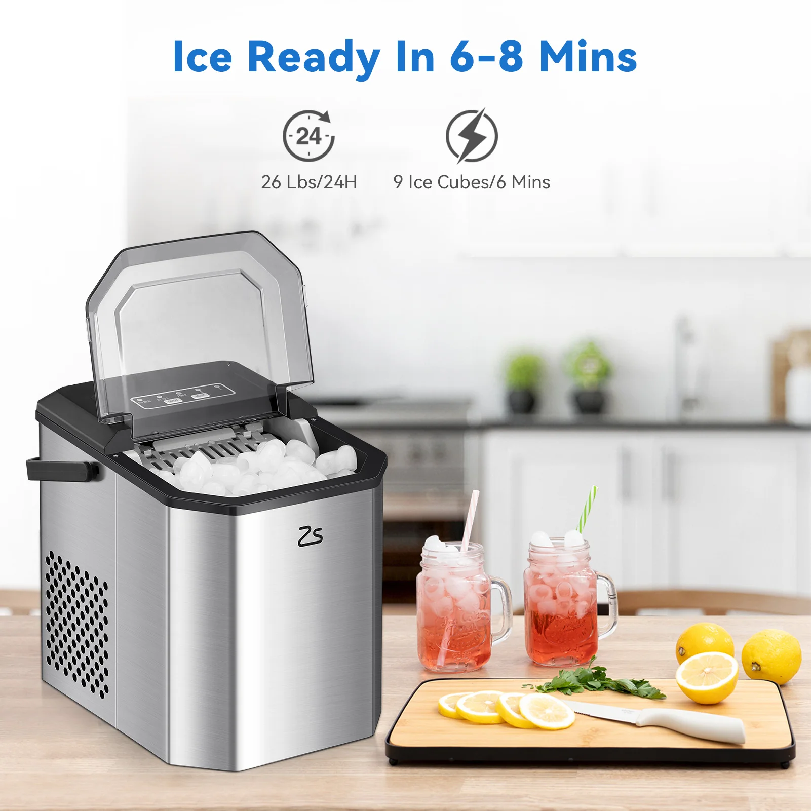 Máquina de Hielo Portátil de Sobremesa con Hielo en Forma de Bala, 26 Libras/Día, con Pala para Hielo, Diseño Silencioso de 45 Libras para Cocina, Oficina, Bar