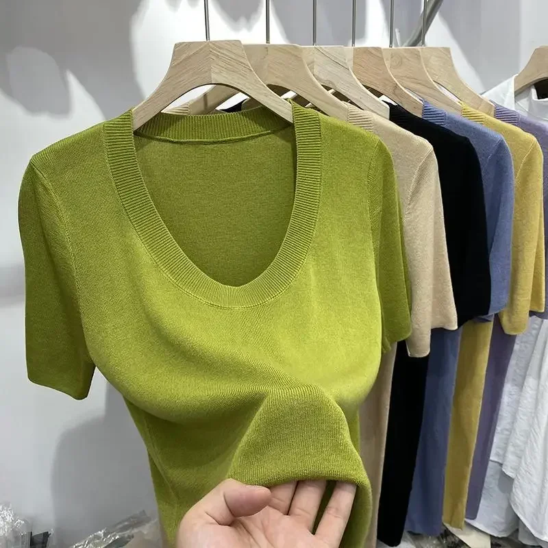 

Ice Silk Short Sleeve T-shirts Summer O-Neck Slim Fit Black Knitted Women's T-shirt Casual Basic Purple Blouses for Women 2025