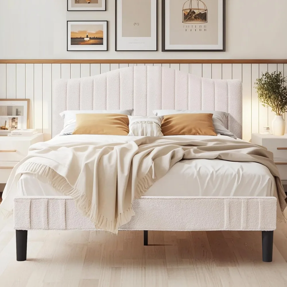 vecelo queen size bed frame upholstered platform beds with height-adjustable teddy fabric headboard, strong wood slats 7.9'' und