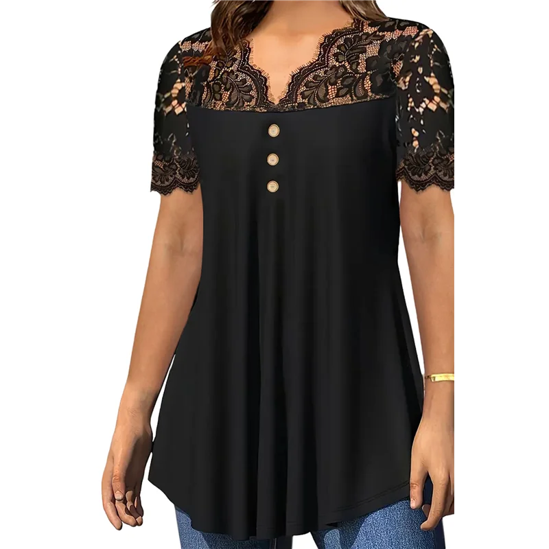 Женские топы больших размеров, рубашки на пуговицах с короткими рукавами, кружевные плиссированные туники на пуговицах с V-образным вырезом, блузки-туники