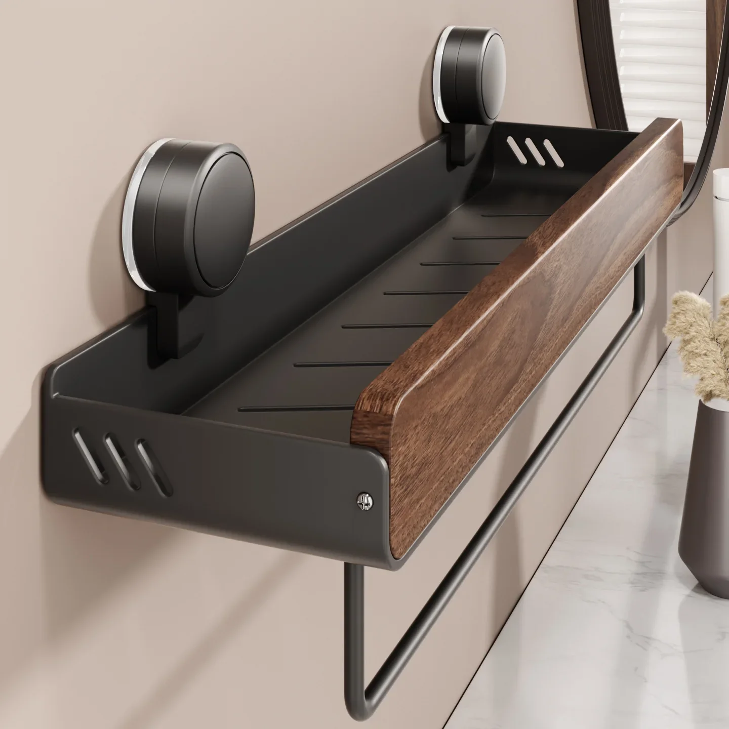 Walnut wood bathroom storage rack - Antique style bathroom suction cup non-drilling hanging bracket