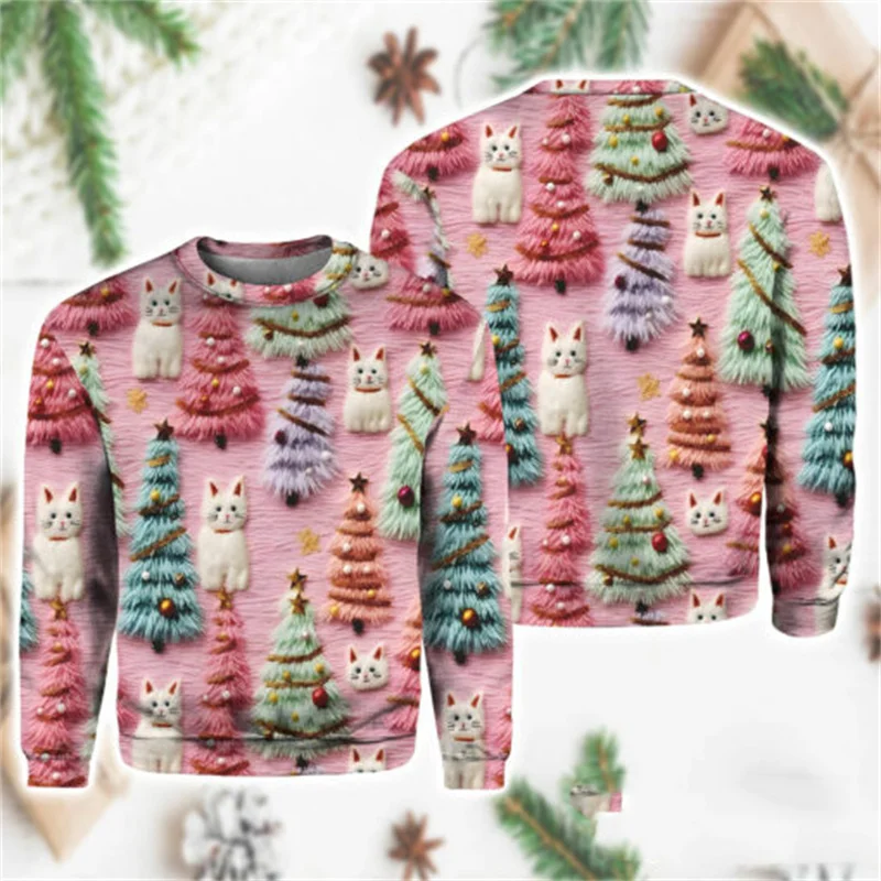 New Pink ‌Xmas Tree Pullovers Christmas Sweatshirt Cartoon Cat Ugly Sweatshirt Fashion Round Long Sleeved Men Women Clothing