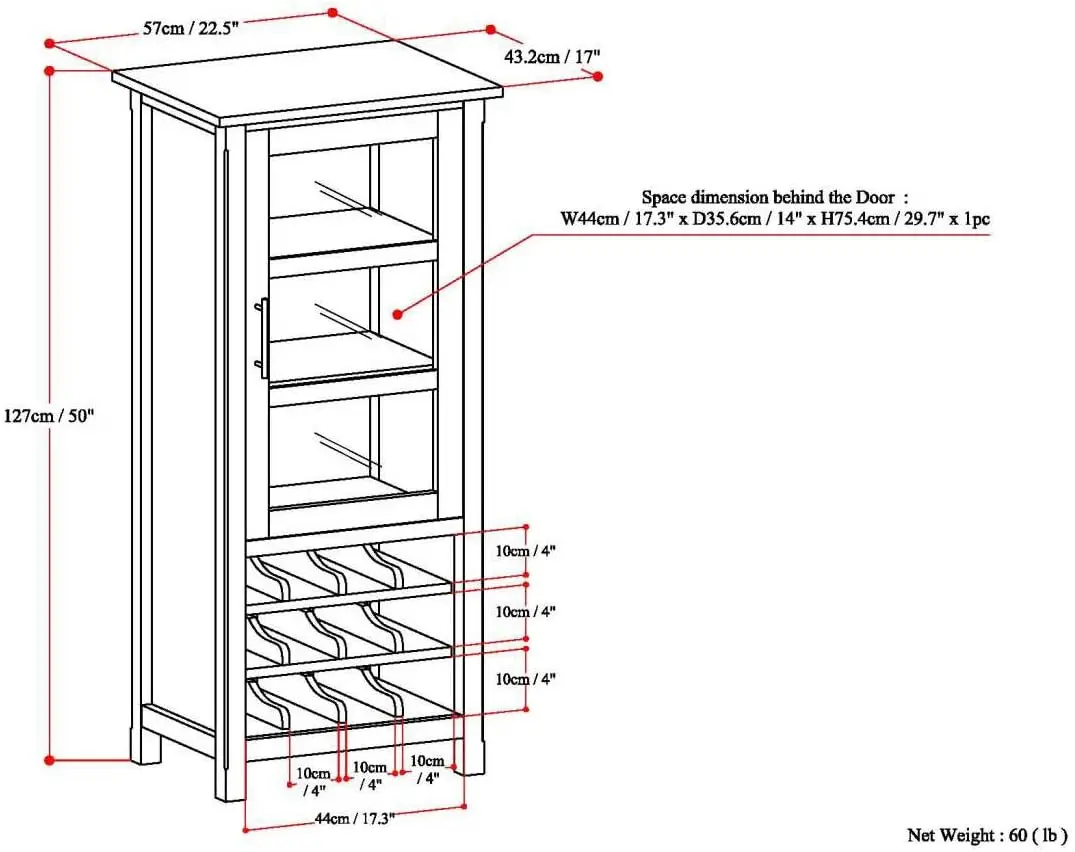 Avalon-Armoire à vin contemporaine T1 en bois massif, 12 bouteilles, 23 po de large, rangement élevé, gris distMurcia, pour le salon