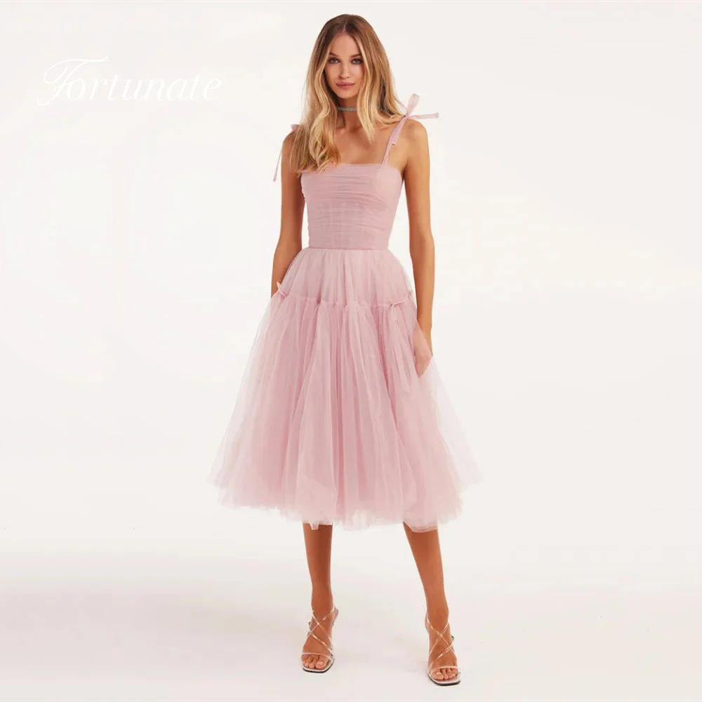 

Fortunate Princess Baby Pink Bow Straps Tulle Prom Dress Sweet A-Line Sleeveless Knee Lengh Evening Dress Sweet Party Gowns 2024