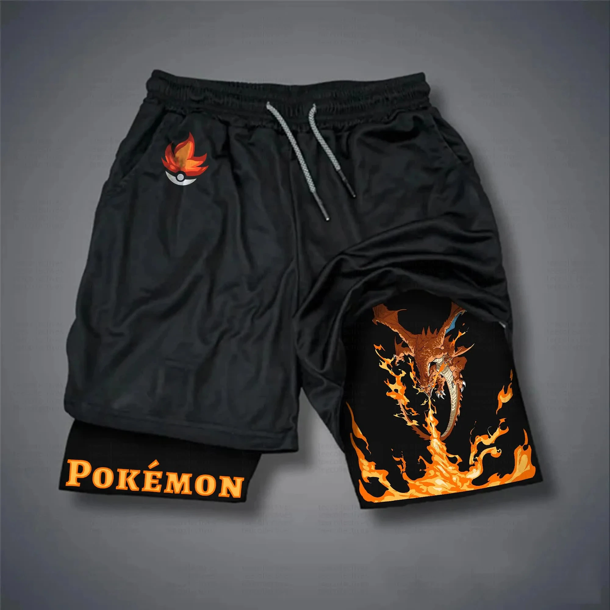 pokemon-charizard-preto-shorts-das-mulheres-dos-homens-2025-verao-anime-calcas-esportivas-algodao-solto-ajuste-cordao-cintura-bolso-design-chama