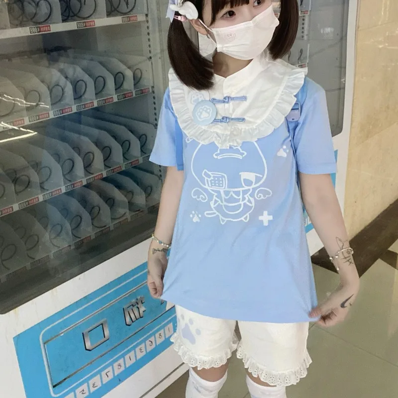 Japanese Kawaii Cat Cartoon Cute Lolita Tops Y2k Aesthetic Lace Patchwork Crop Tees Grunge Contrast Color Vintage Fairy T-shirts