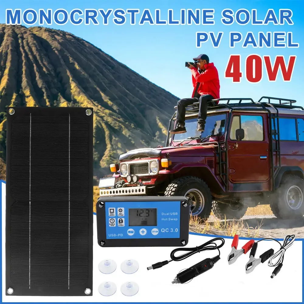 40W Flexible Solar Panel Kit 12V Battery Charger Waterproof Monocrystalline Solar Panel for RV Boat with 100A Controller