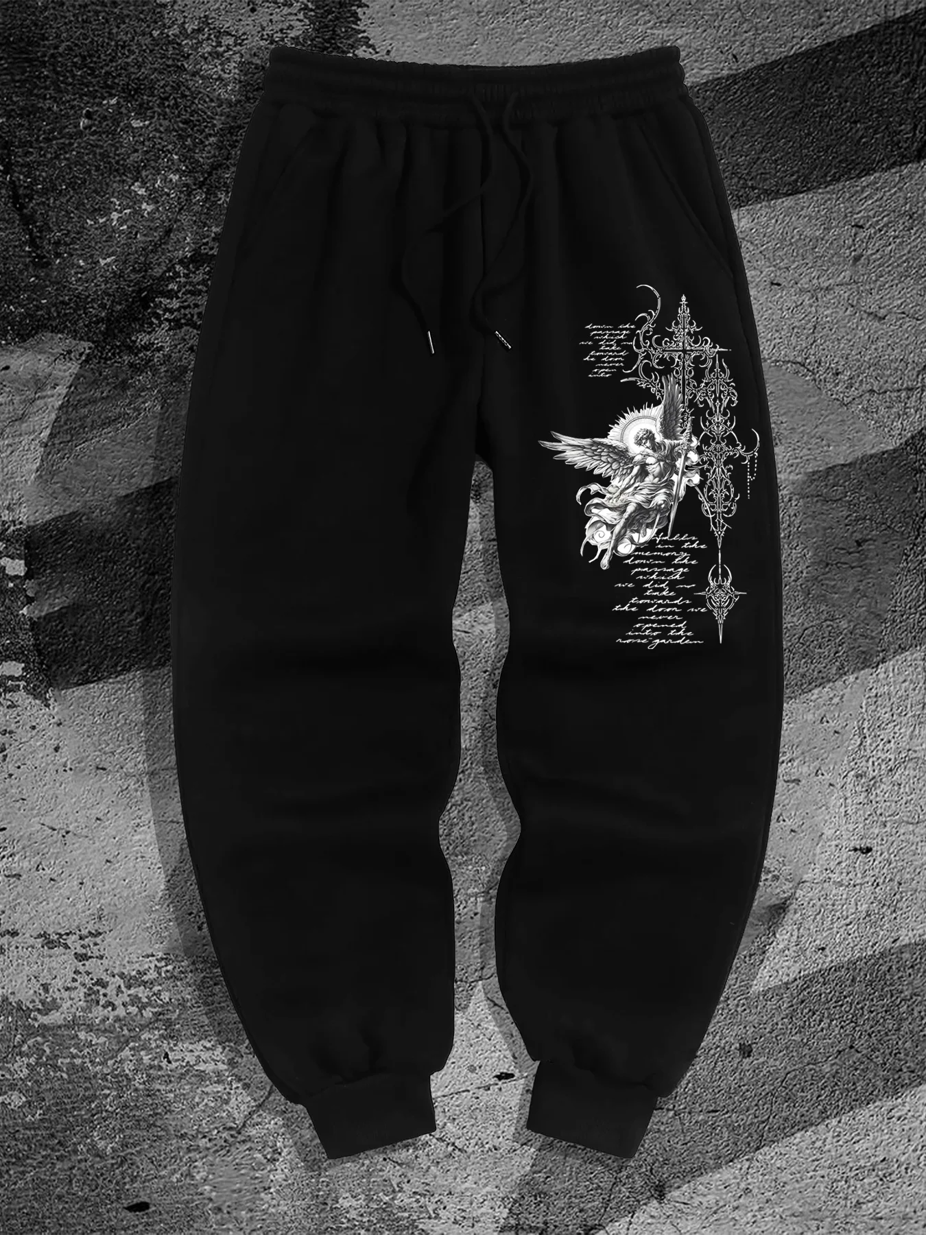 Gothic Angel Cross Scripture Print Men Jogger Pants, Drawstring Waist, Loose Hip Hop Street Casual Sports Sweatpants