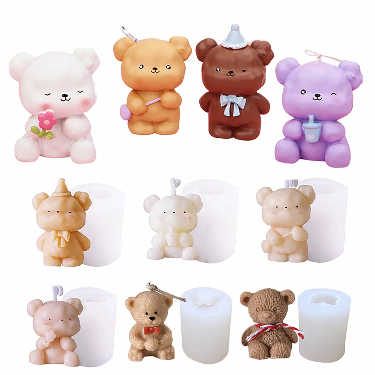 Small Bear Silicone Candle Mold DIY 3D Cake Bow Bear Scented Gypsum Concrete Mould Cute Cartoon Bear Birthday Cake Baking Deco