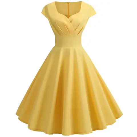 Yellow Swing Summer Dresses Women Short Sleeve Hepburn 50s 60s Vintage Rockabilly Wrap Dress Elegant Evening Party Vestidos