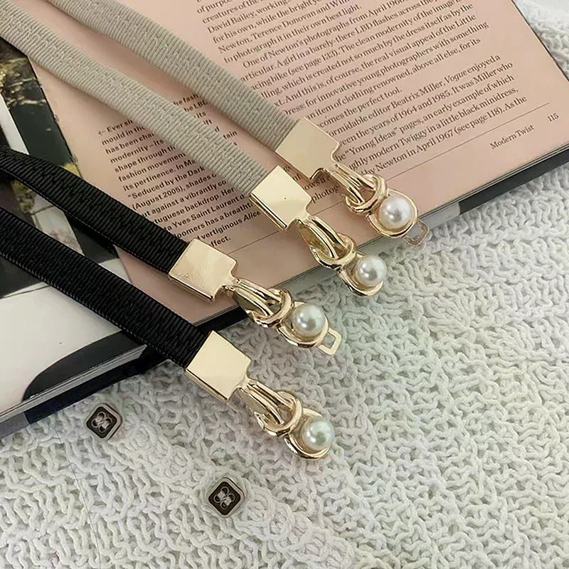 Elegant Double Pearls Buckle Elastic Women Belts Black Thin Waistband for Dress Skirt Lady Girl Decor Fashion Vintage Style