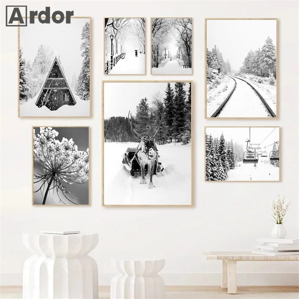 Black White Winter Scenery Poster Snow Forest Hut Rail Ski Lift Canvas Painting Deer Wall Art Print Picture Living Room Decor