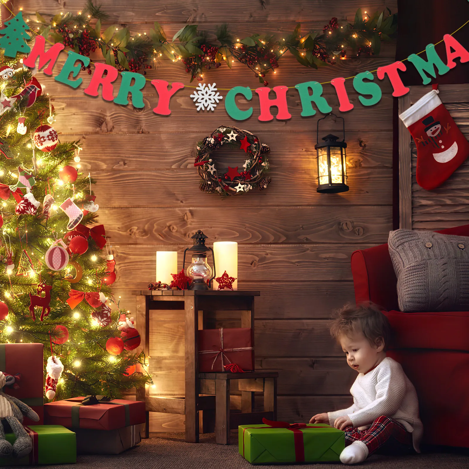 

15pcs Christmas Decor Bunting Garland Merry Flags Snowflakes Red Green White Felt Ribbon 15X15Cm 5.9X5.9Inch 2.8M Party Outdoor
