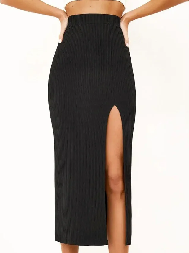 

Прямая юбка с высокой талией и разрезом. Женская юбка Street Sle. Повседневная одежда. Эластичная талия с разрезом спереди. Китайское производство.