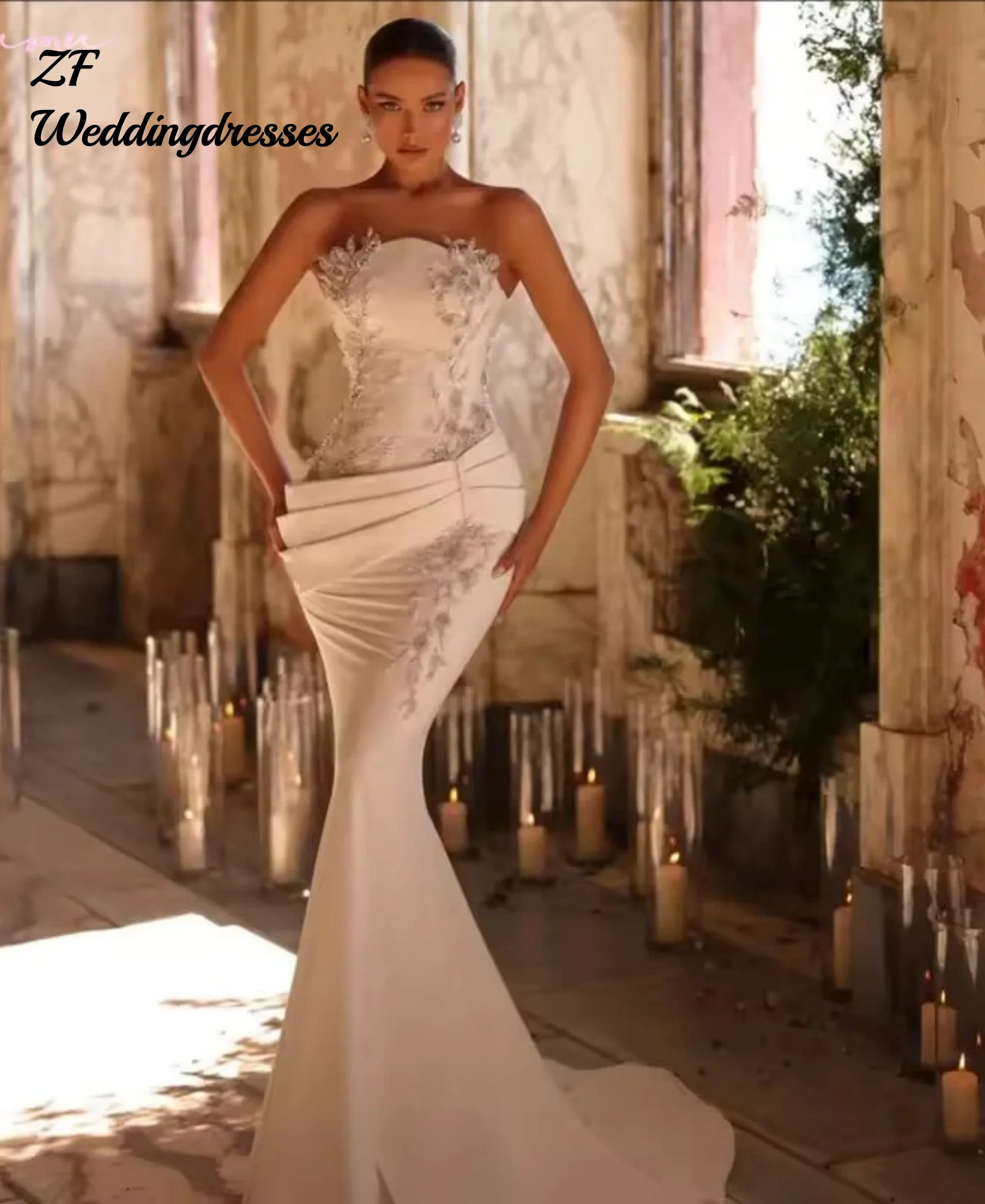 Customized Luxury Mermaid Wedding Dresses Applique Beads Strapless Trailing Bridal Dress Special Waist Design P Vestido De Novia