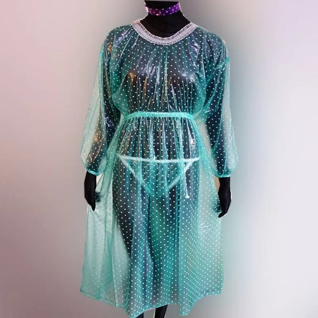 PVC Polka Dot Transparenter Langer Regenmantel mit Rüschenkragen, Langen Ärmeln, Wasserdichtem Regenkleid, Verstellbarer Taille, Outdoor-Cosplay-Kostüm