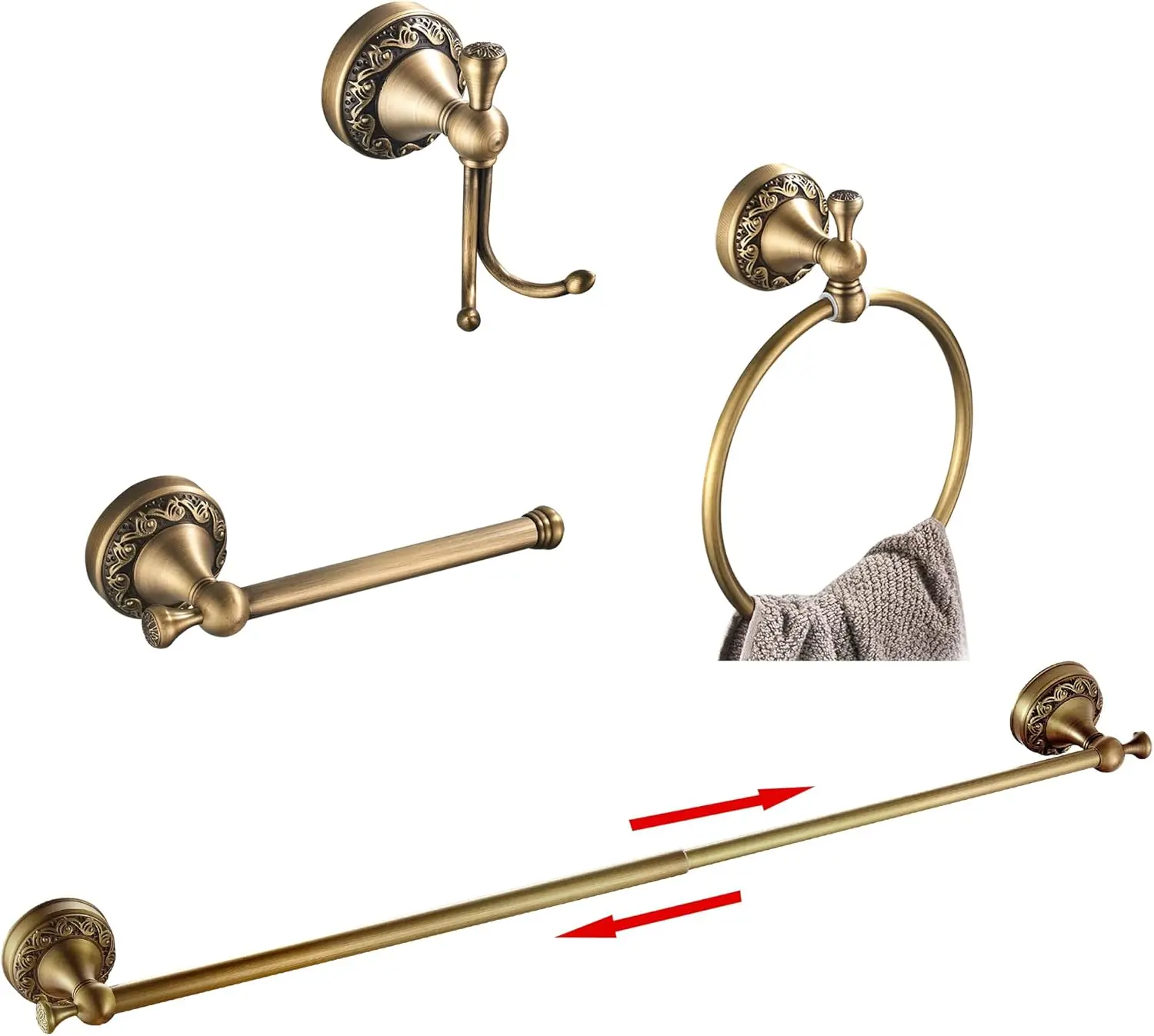 

Adjustable Towel Bar Set 4 Piece Bathroom Hardware Antique Brass Wall Mount