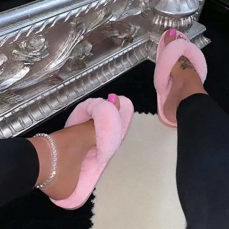 Winter Women House Slippers Faux Fur Warm Flat Shoes Female Slip Home Ladies Slippers Size 36-43 Wholesale