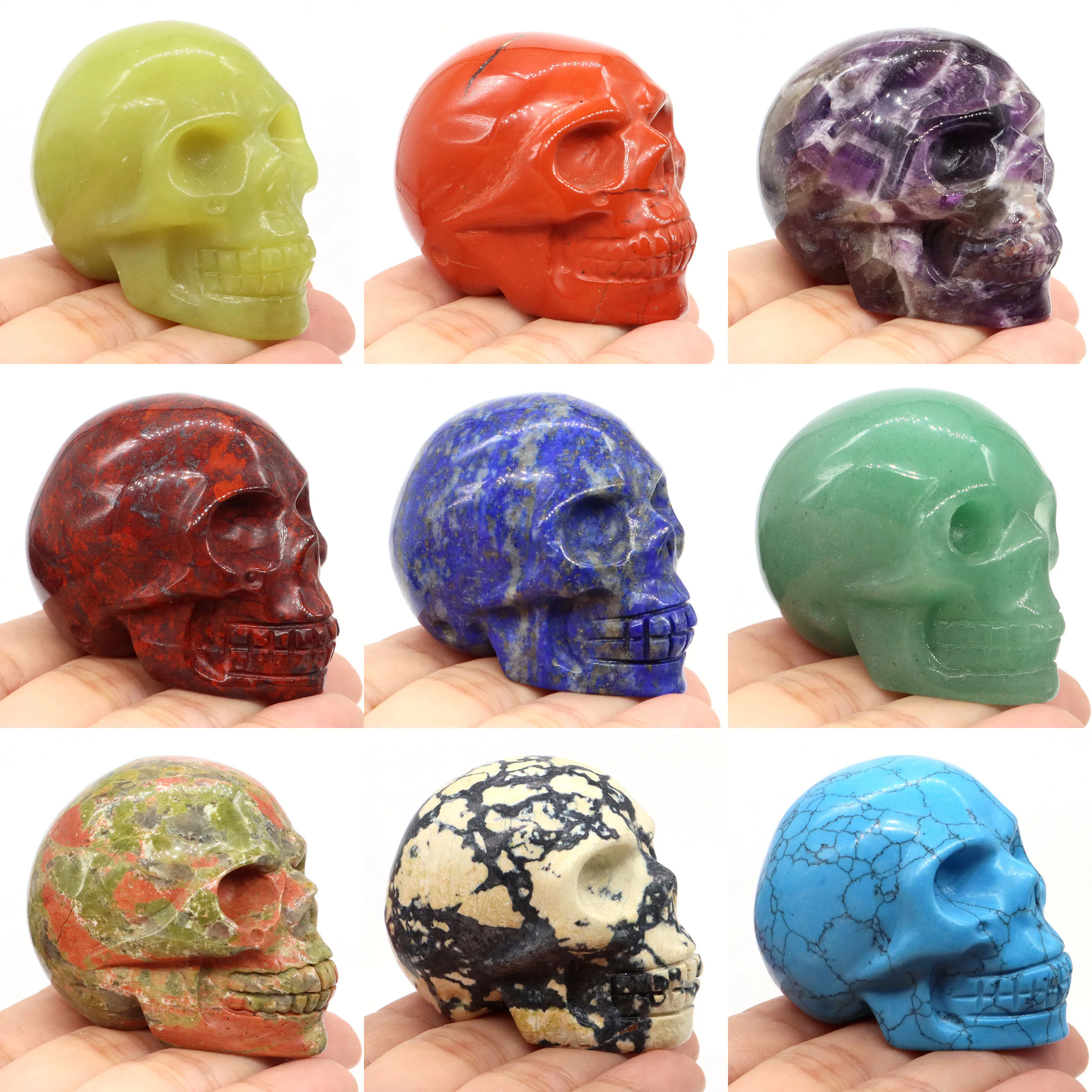 50mm Skull Head Statue Natural Stones Healing Crystal Amethyst Rose Quartz Gemstones Carved Ore Mineral Figurine Home Decoration