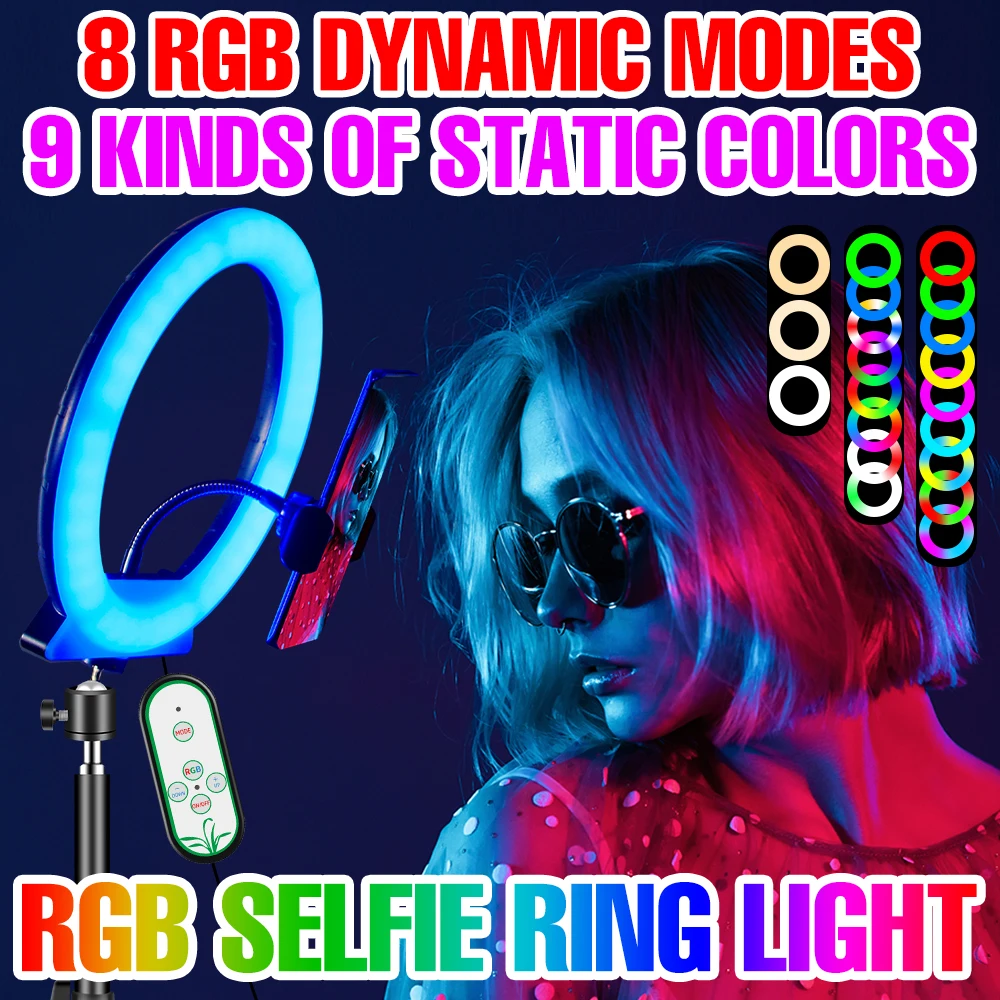 RGB LED Selfie แหวนไฟการถ่ายภาพวงกลม LED หลอดไฟวิดีโอแต่งหน้าสดพร้อมคลิปโทรศัพท์ขาตั้งกล้องหรี่แสงได้ Ringlight