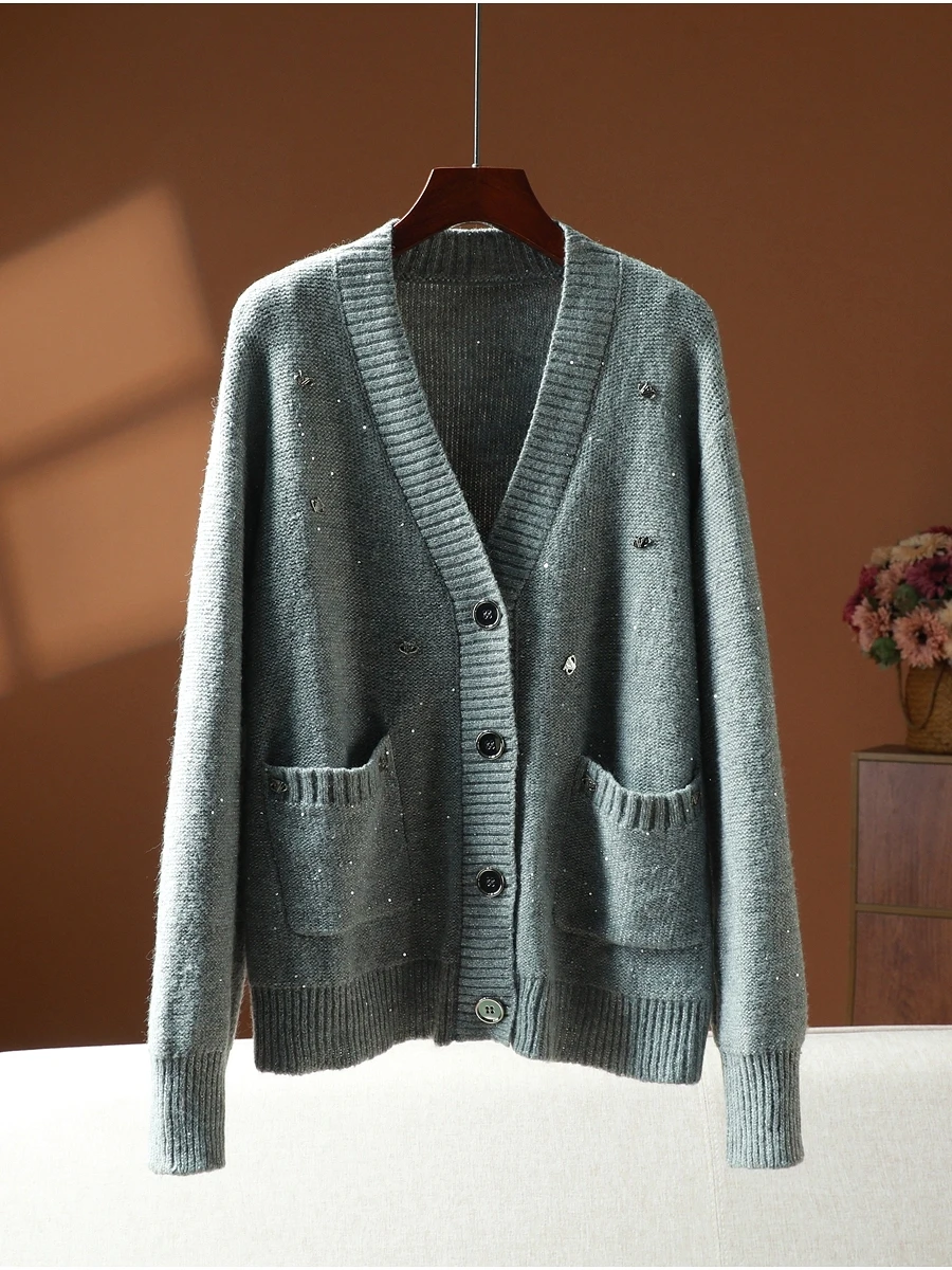 

V-Ne Knitted Open Cardigan Loose Glitter Faion Lazy Sle Sweater Women's Online Exclusive Polyde Fiber Long Sve Re...