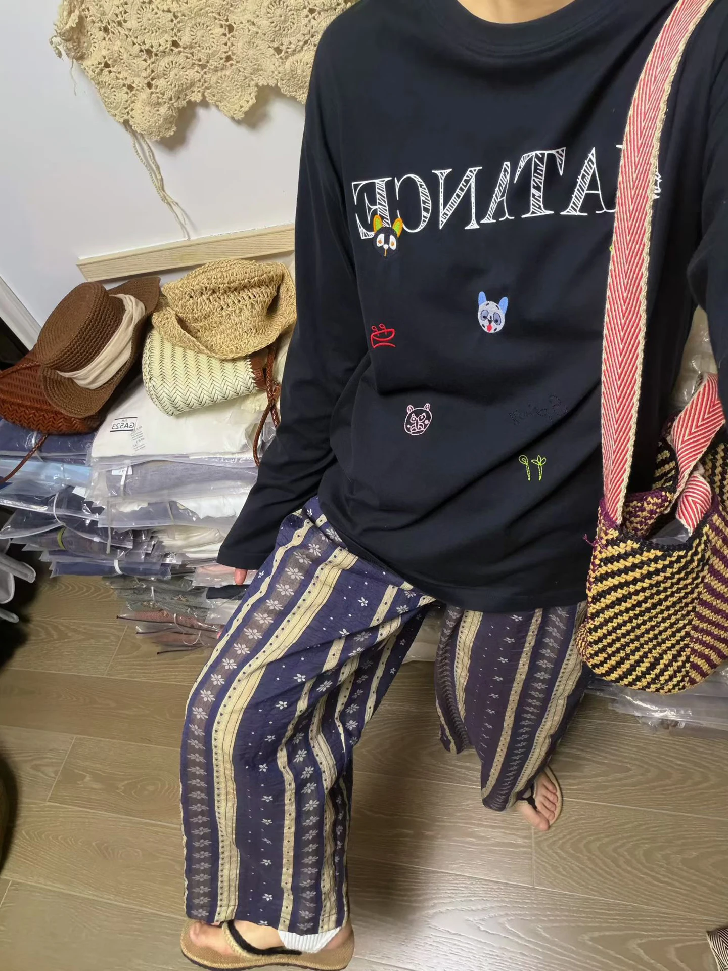 

Spring Summer Vintage Black Embroidered Pattern Slimming plus Size Women's Pants Breathable Comfortable Straight Leg Trousers