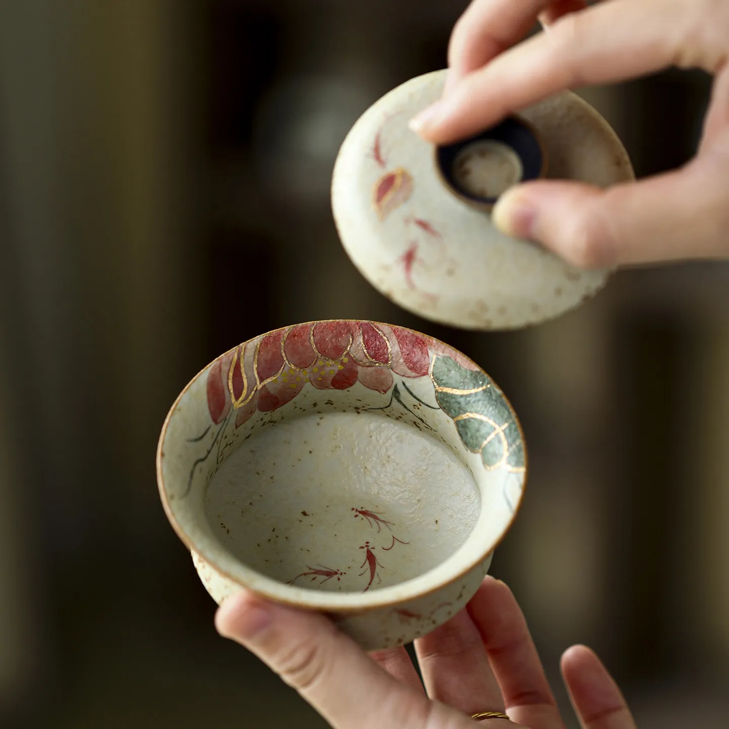 Blue and White Flint Red Gaiwan, Two Piece Ceramic Lidded Tea Bowl for Traditional Brewing and Modern Tea Spaces