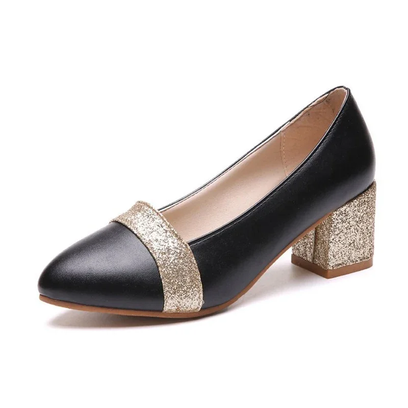 Women Pumps Sweet Style Square High Heel Sadals Sequins Pointed Toe Spring and Autumn Elegant Shallow Womens Shoes