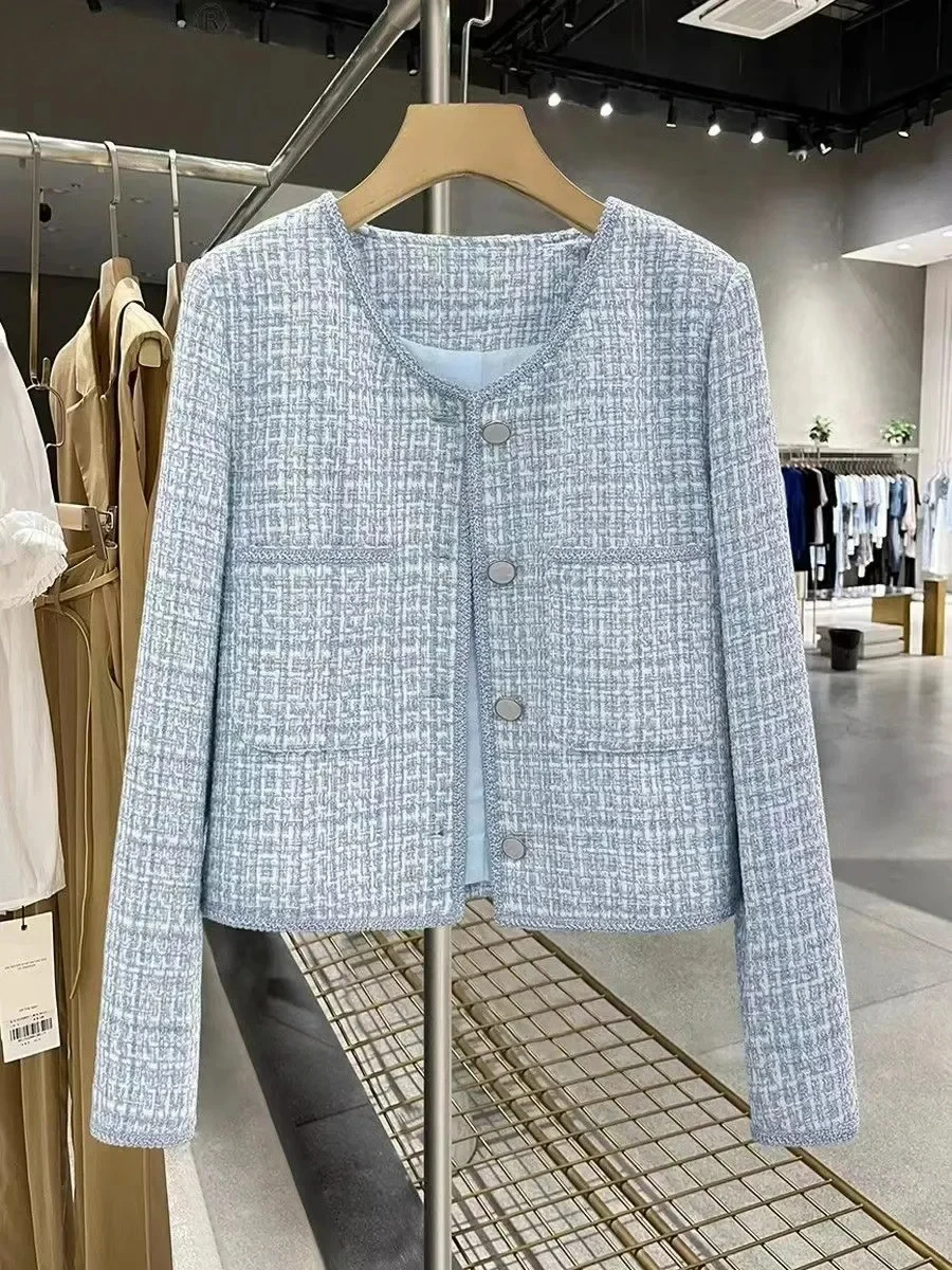 

Women Elegant Tweed Jackets Tops Korean Fashion O-neck Single Breasted Abrigos Spring Fall Casual Long Sleeve Blusas