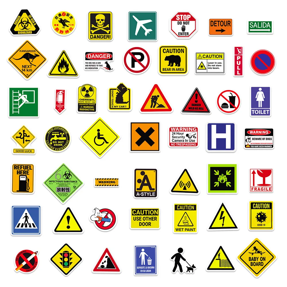 50pcs Funny Warning Stickers Danger Banning Sign Car Scooter Motorcycle Suitcase Violation Sticker Graffiti Stickers