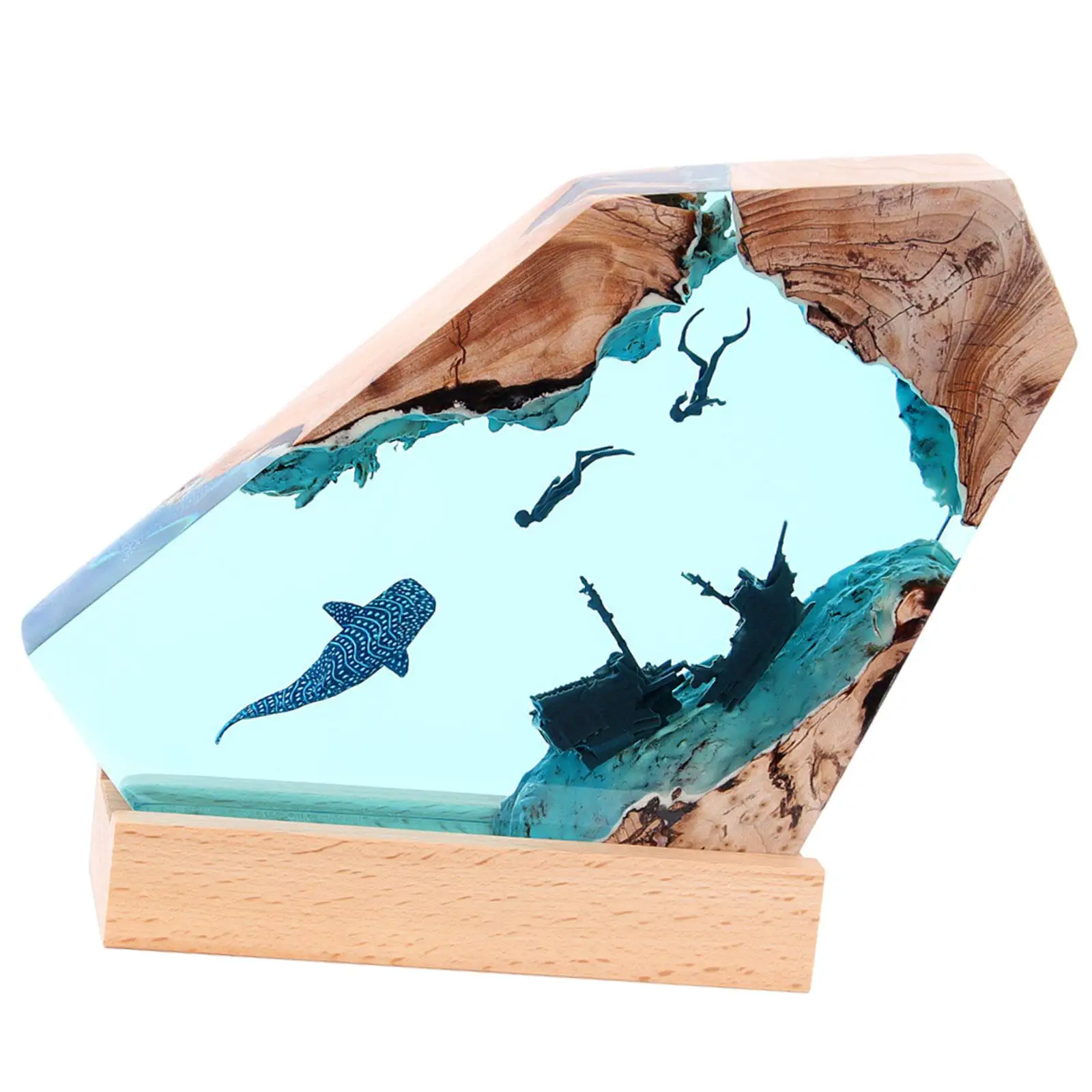 Clear Resin Bedside Night Light Wood Base Multifunctional Decorative Deep Sea Cave Diving Underwater Scene for Valentine Gift
