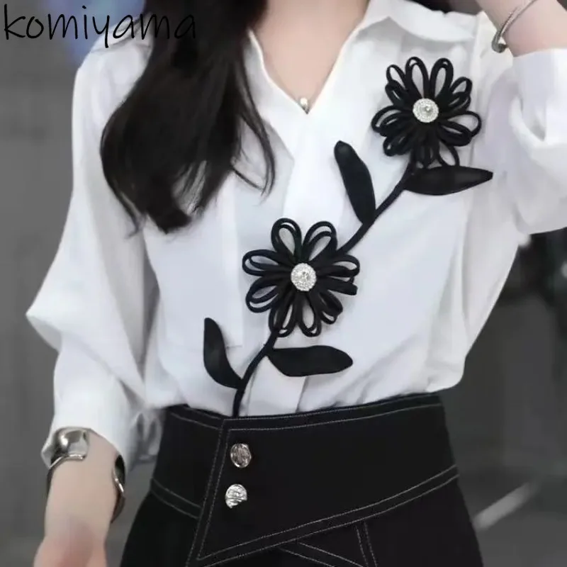 

Sweet Flower Embroidered Shirts & Blouses Laple Neck Blusas Mujer 2025 Woman Clothing Autumn Camisas Loose Long Sleeve Tops