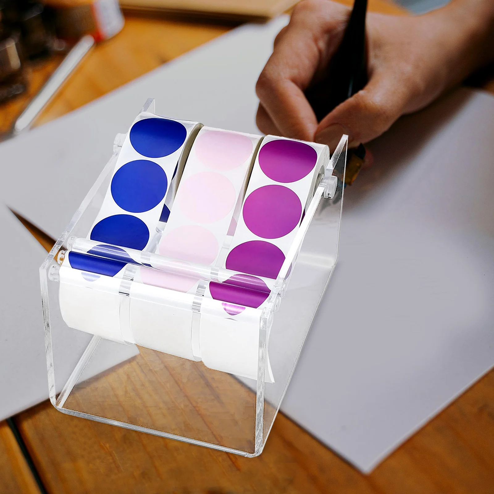 Label Dispenser Stand Adjustable Acrylic Desktop Organizer For Sticker Tape Rolls Multi-Roll Holder Office School Label